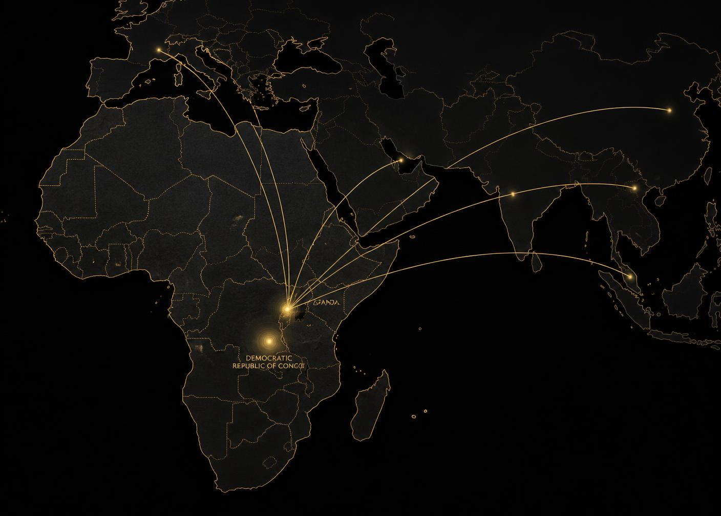 Africa map showing Uganda and DRC sourcing regions connected to international markets