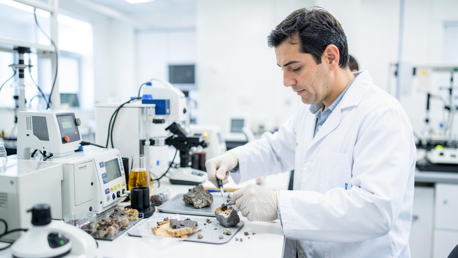Assay laboratory technician preparing mineral samples for independent analysis
