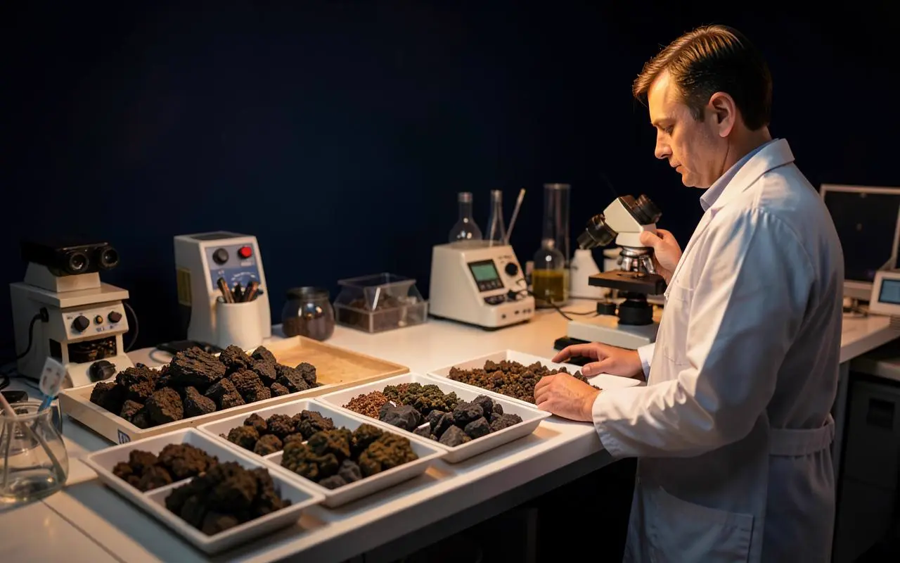 Mineral samples being examined in an assay laboratory before contractual settlement