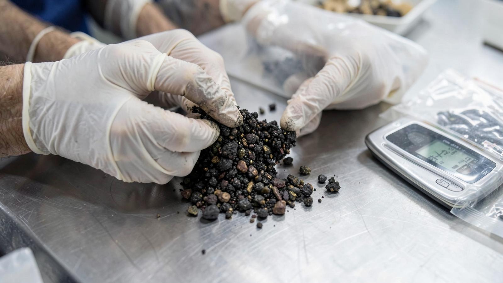 Independent inspector examining mineral concentrate before shipment