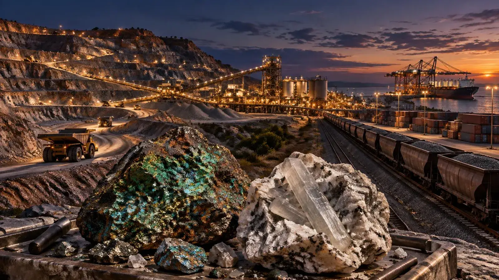 Illustrative composite of a responsible open-pit copper and cobalt operation, copper-cobalt ore and lithium-bearing pegmatite rock, with rail and port logistics at dusk