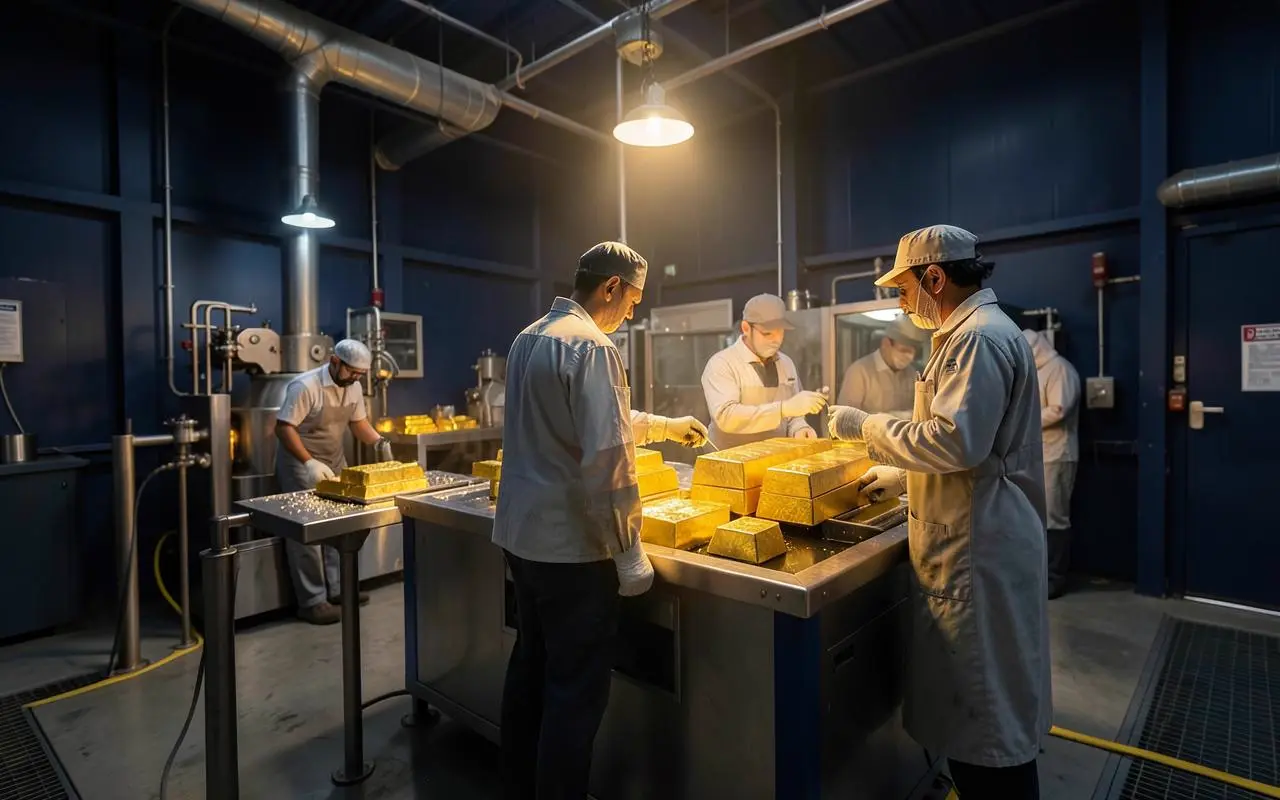 Gold refining and inspection work typical of the UAE precious-metals trade