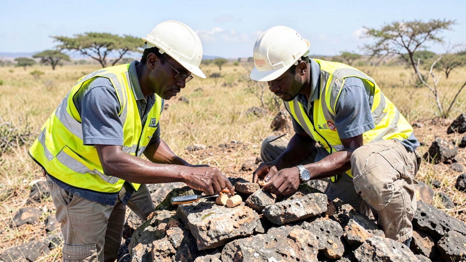 Geologists conducting a field survey across a mineral exploration target