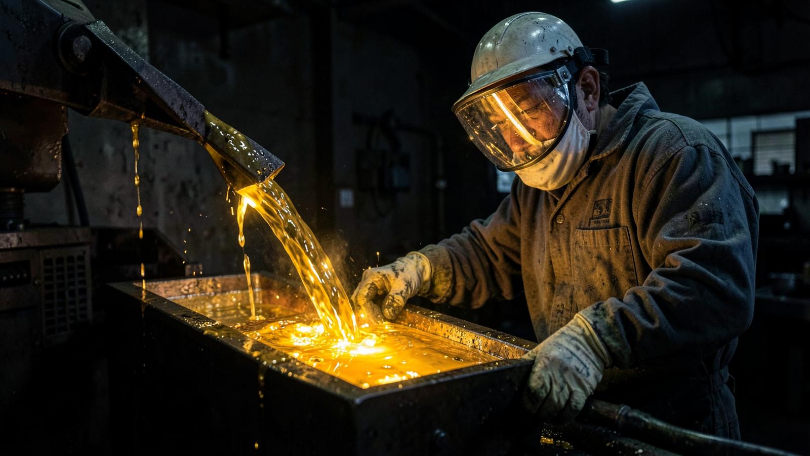 Molten gold poured into a bar mould during refining