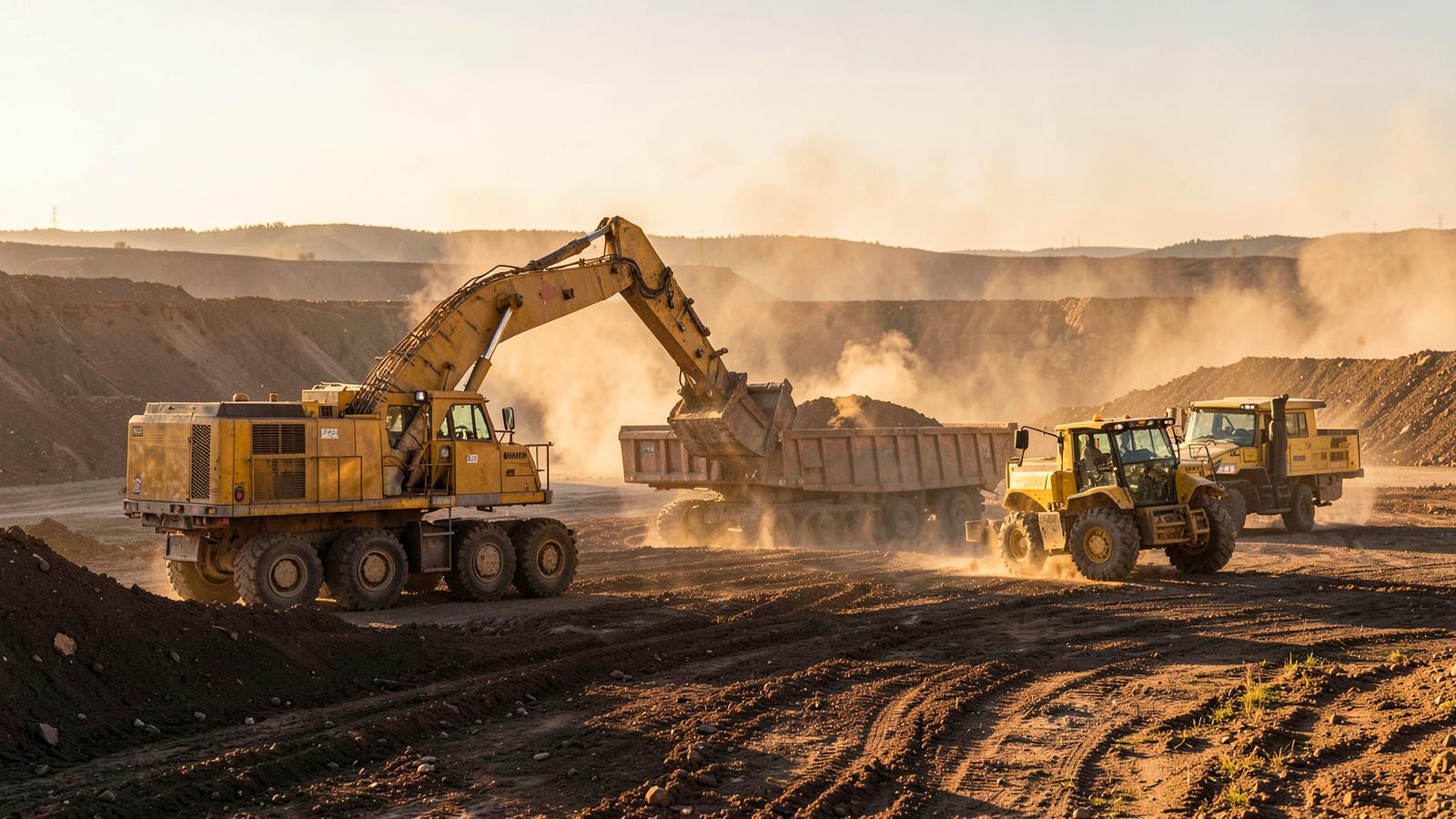 Heavy mining equipment fleet staged at an operational site