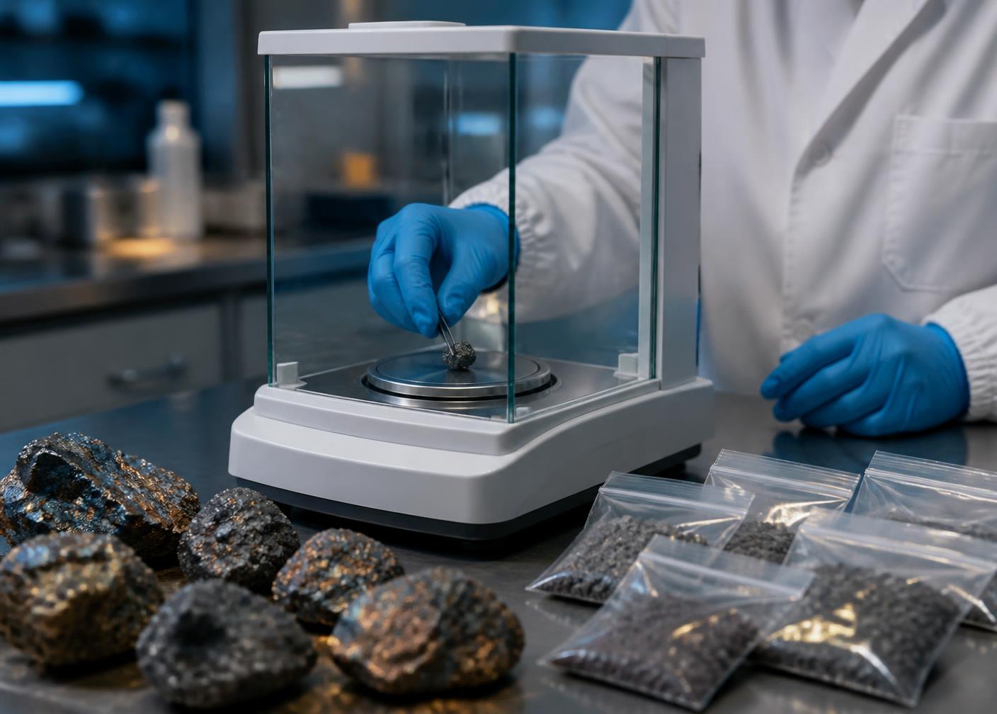 Independent laboratory technician weighing a mineral sample on a precision analytical balance