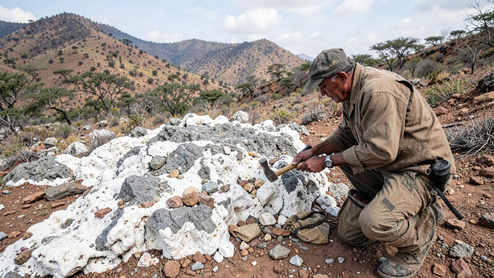 Sampling a lithium-bearing pegmatite outcrop in the Manono corridor