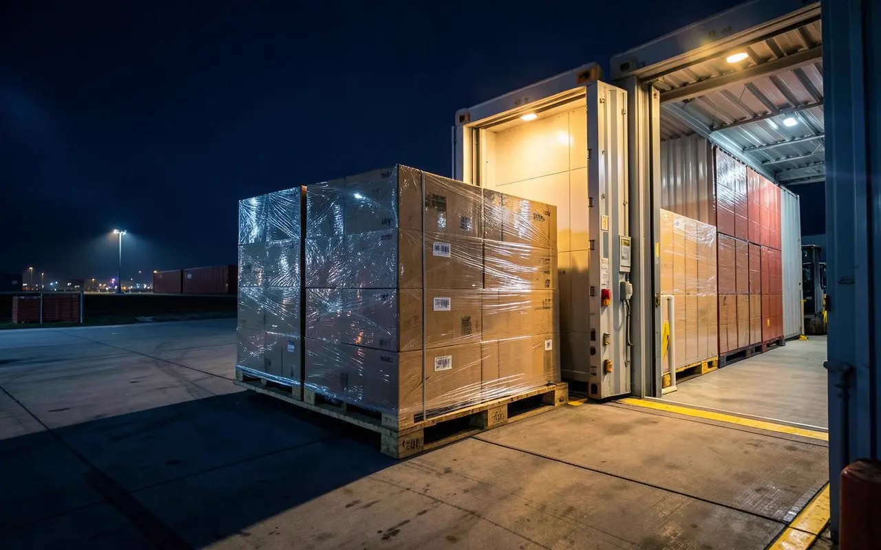 Palletised high-value freight prepared for insured air cargo movement to Qatar